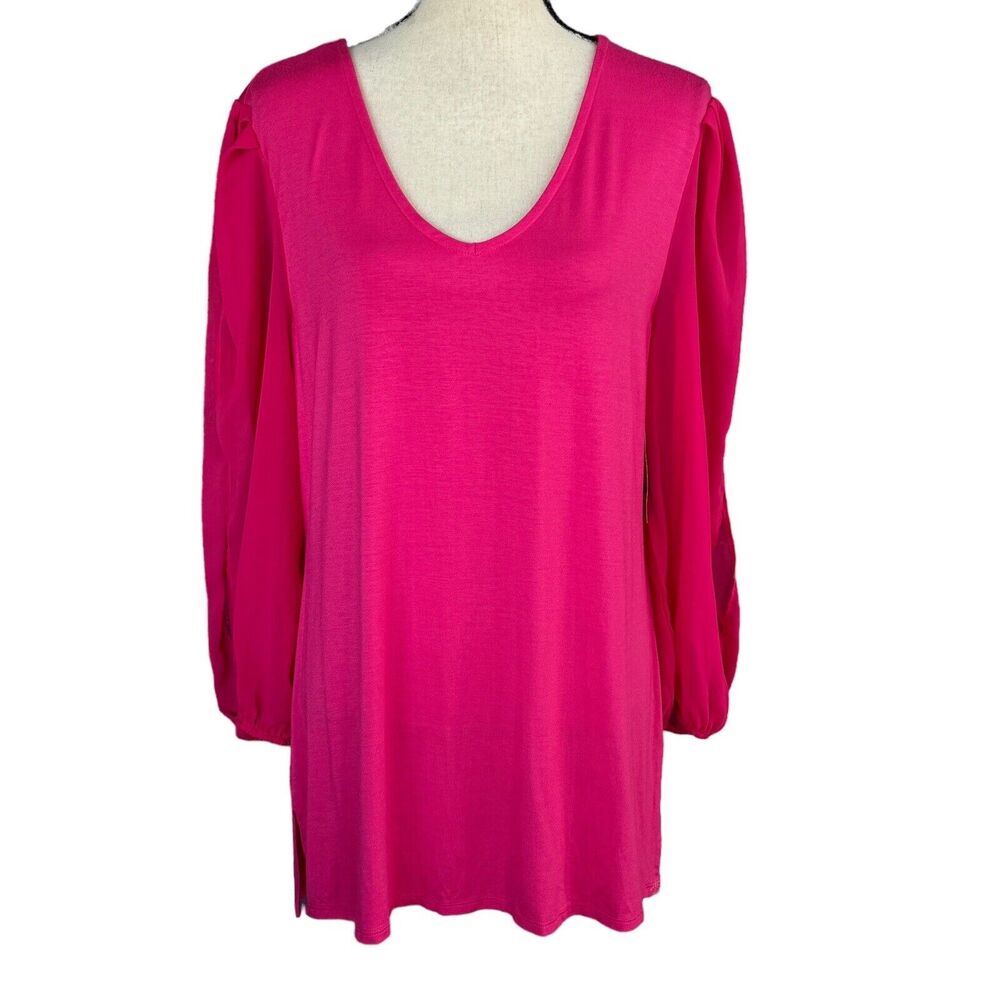 JM Collection Large Tunic Top Split Balloon Sleeve V-Neck Stretch Side Slits New